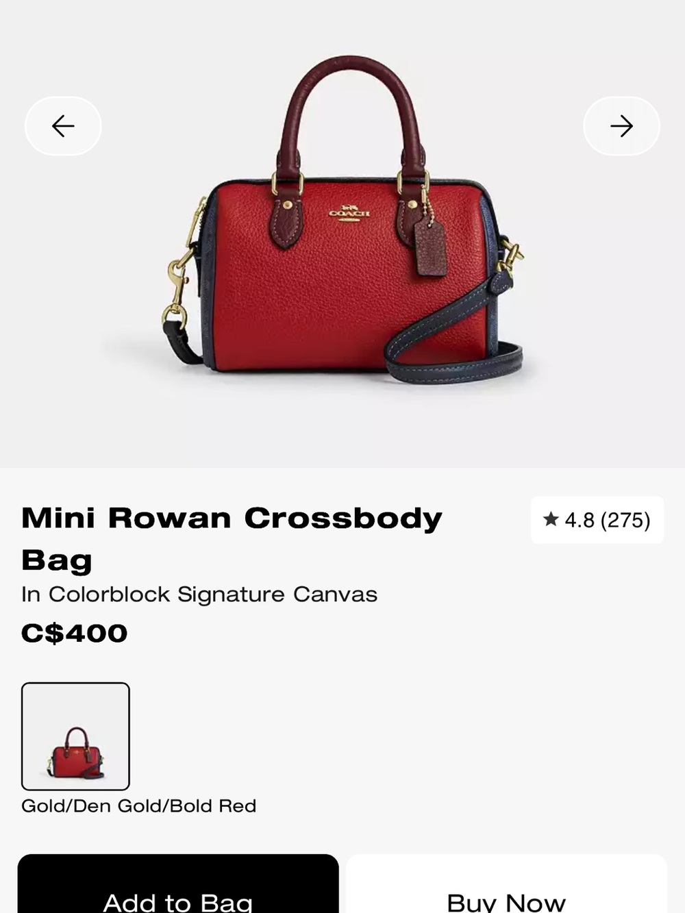 Coach ROWAN Red and Blue Pebbled Leather Mini Satchel with Gold Hardware